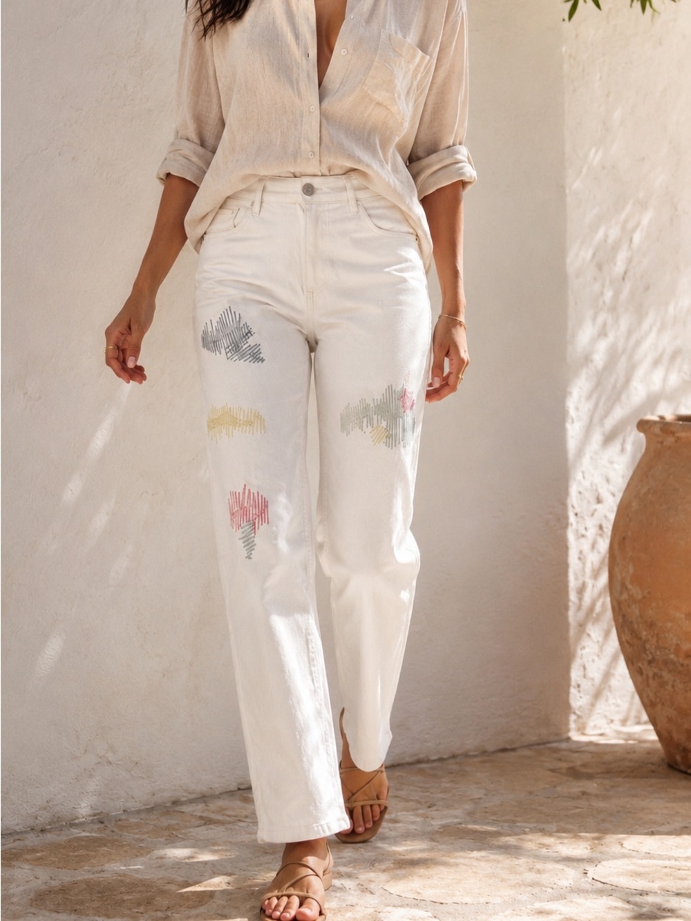 NYDJ Marilyn White Embroidered Straight Leg Jeans Size 14 Artsy Boho